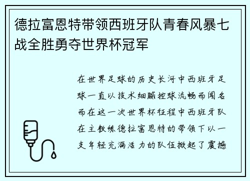 德拉富恩特带领西班牙队青春风暴七战全胜勇夺世界杯冠军 德拉富恩特带领西班牙队青春风暴七战全胜勇夺世界杯冠军